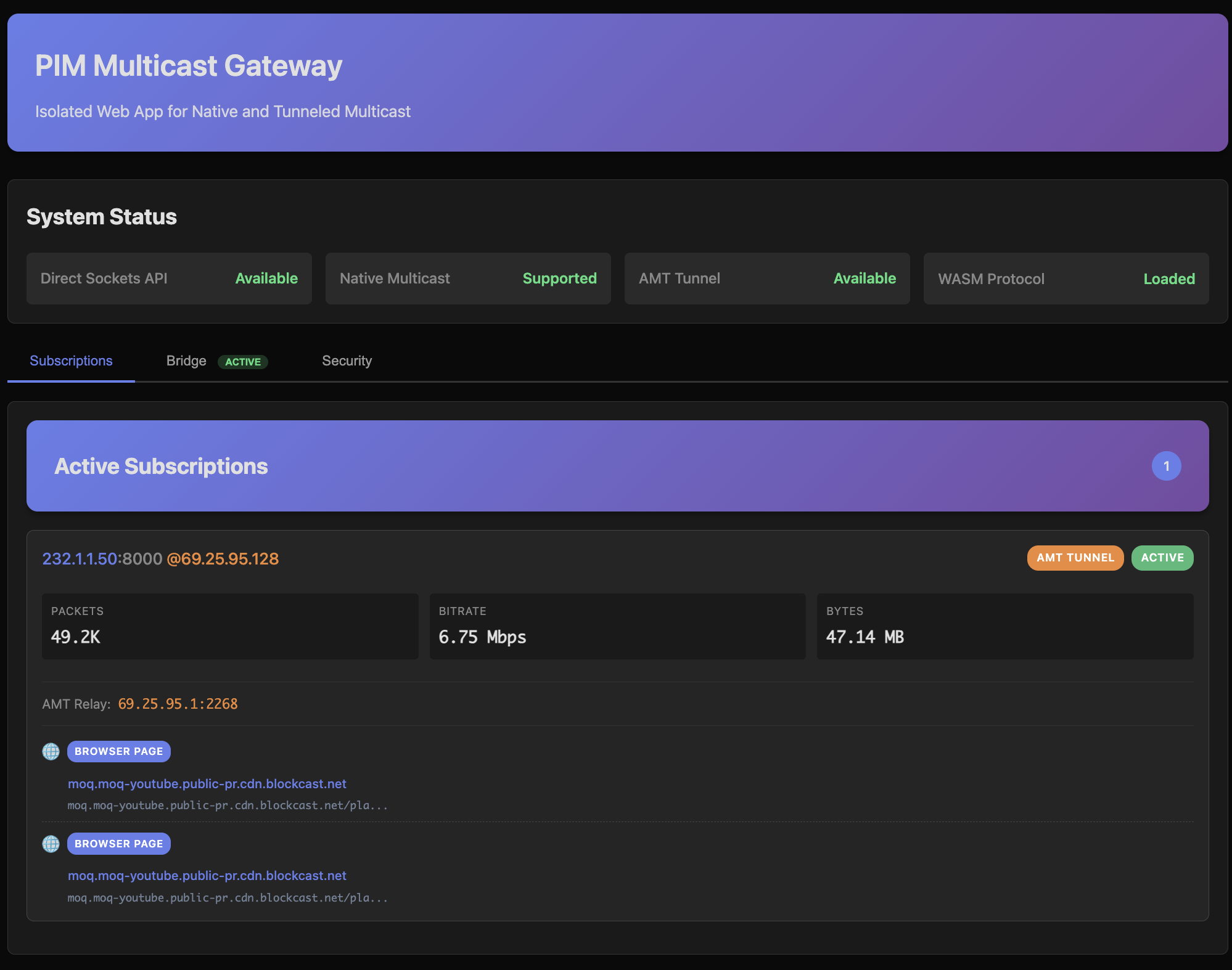 Blockcast Gateway showing active multicast subscriptions in a web browser